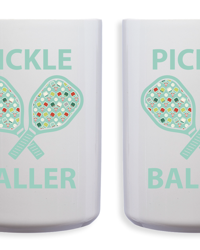 Two white mugs with pickleball-themed design and text on a white background