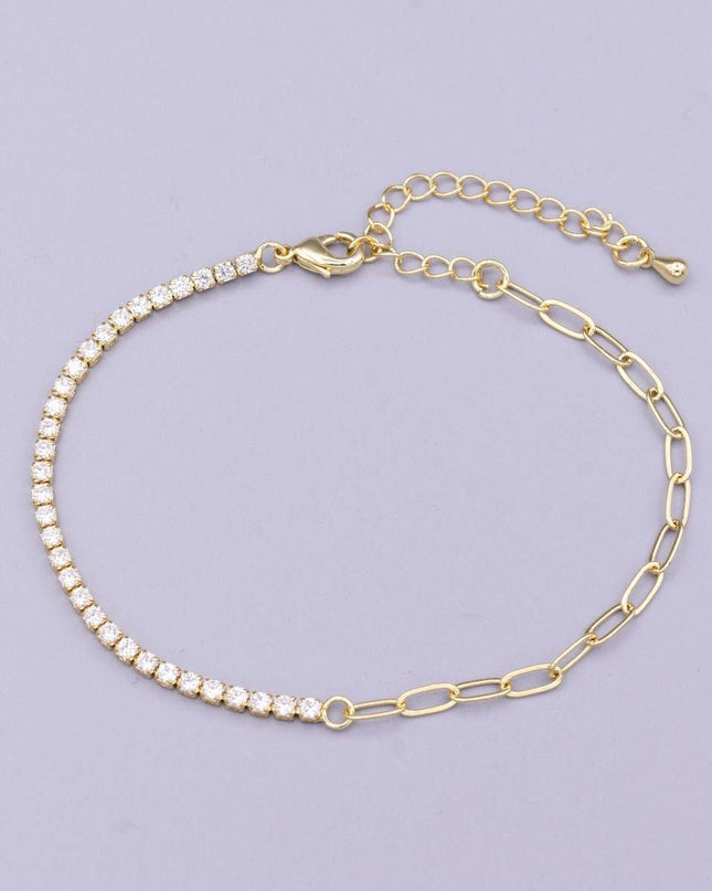 16K Gold Filled 2mm Half Tennis Half Paperclip 7 Inch Chain Bracelet | WA-1809 Clearance Pricing