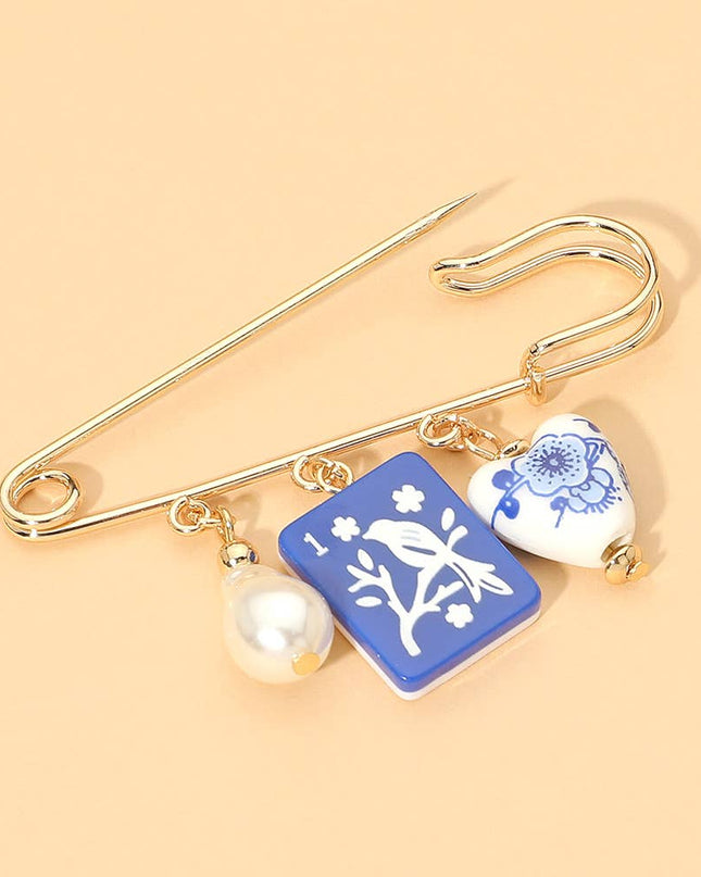 Floral Heart Mahjong Tile Pearl Charm Drop Safety Pin Brooch