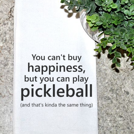 Pickleball Happiness -White Tea Towel with Black Lettering