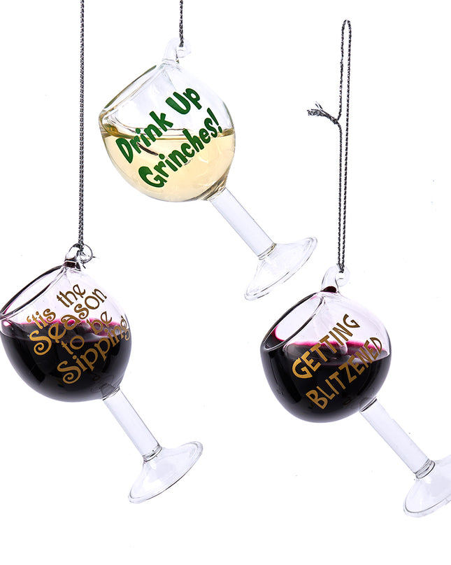 Kurt Adler Glass Wine Glass Ornaments with Sayings