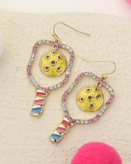 Stone Paved Enamel Pickleball Paddle Dangle Earrings