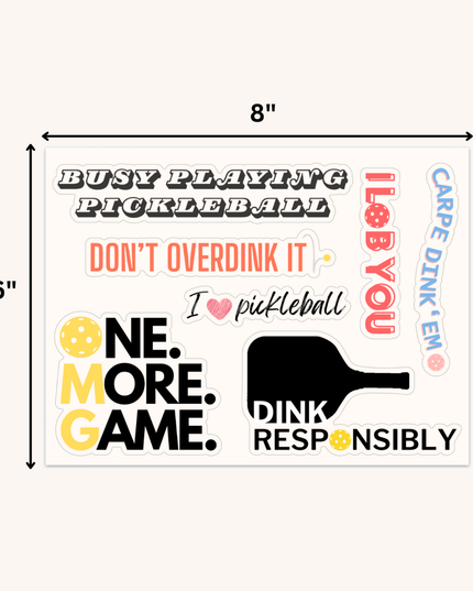 Pickleball Sticker Sheet (8" x 6", Total of 7 Die-Cut Stickers)