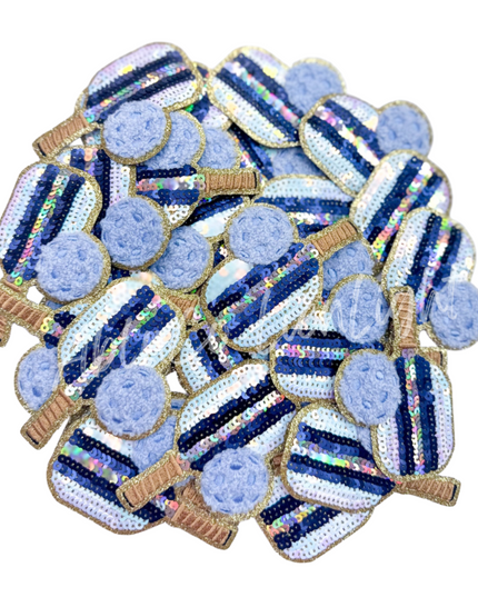 Blue Pickleball Paddle Sequins Glitter Iron On Patch