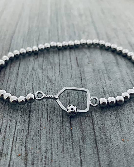Pickleball Beaded Stretch Bracelet - Silver