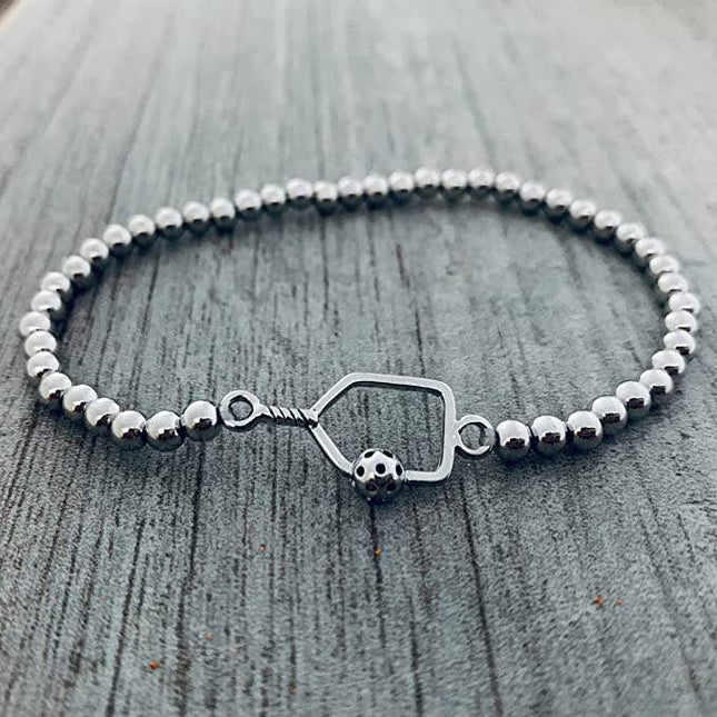 Pickleball Beaded Stretch Bracelet - Silver
