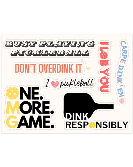 Pickleball Sticker Sheet (8" x 6", Total of 7 Die-Cut Stickers)