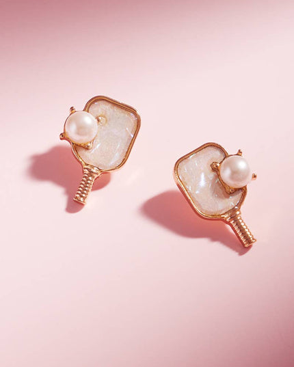 Pickleball Shimmery W Pearl Post Earrings