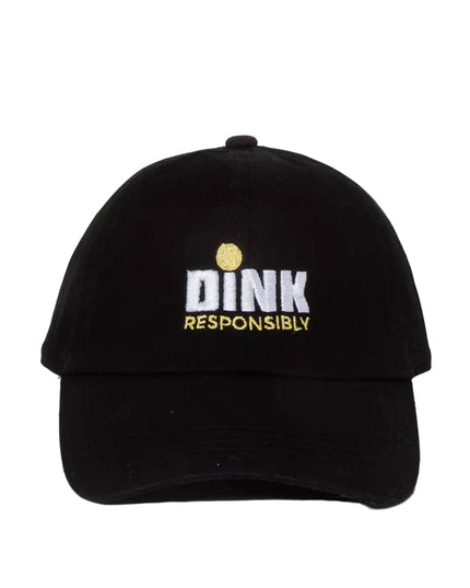 Black cap with 'DINK RESPONSIBLY' text on a light gray background