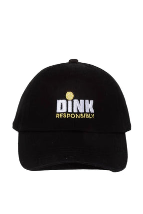 Black cap with 'DINK RESPONSIBLY' text on a light gray background