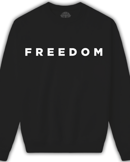 Black sweatshirt with 'FREEDOM' printed on the back against a white background
