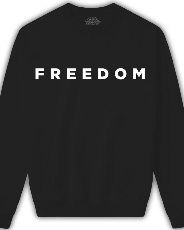 Black sweatshirt with 'FREEDOM' printed on the back against a white background