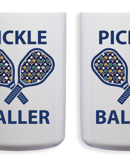 Two white mugs with pickleball-themed design on a white background