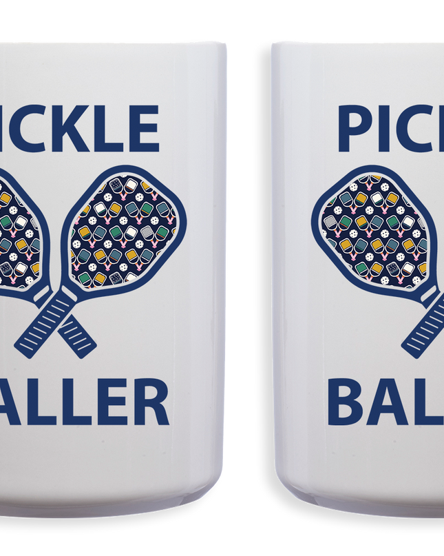 Two white mugs with pickleball-themed design on a white background