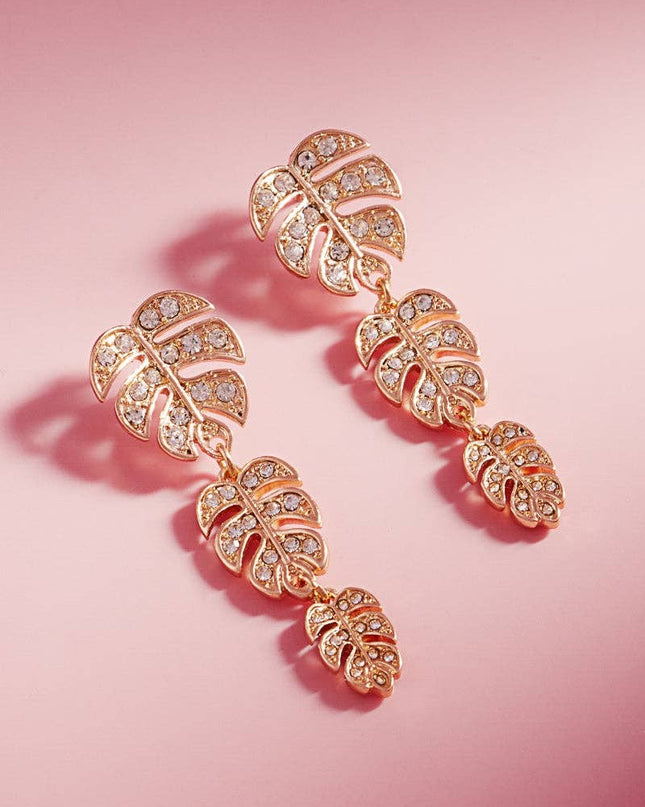 Flower Monstera Stone Pave Post Earrings