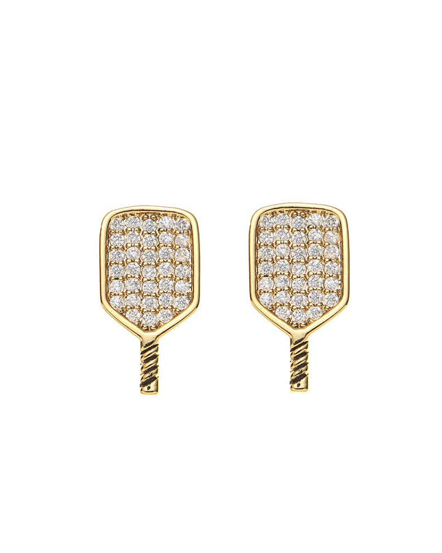 Gold CZ Pickleball Paddle Stud Earrings