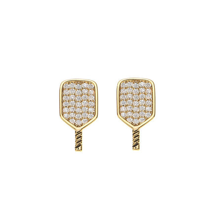 Gold CZ Pickleball Paddle Stud Earrings