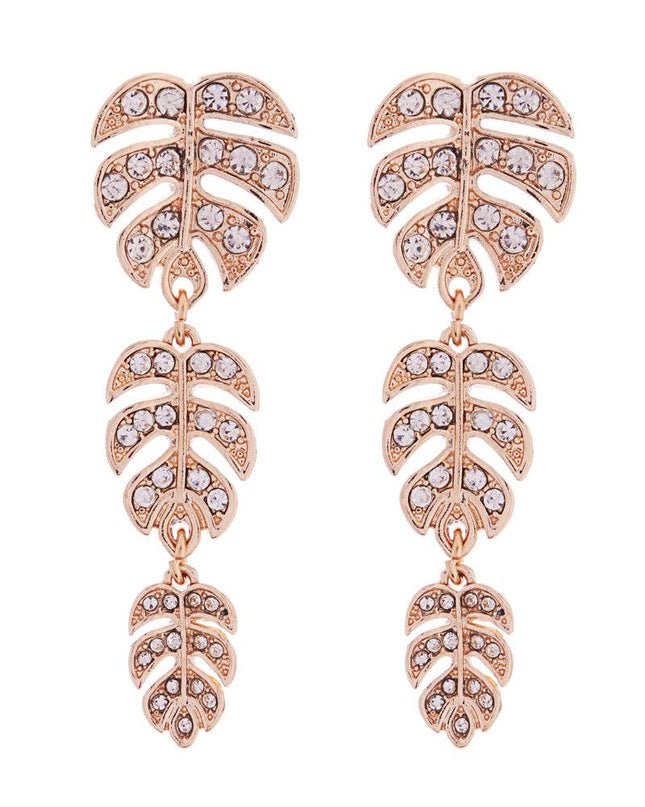 Flower Monstera Stone Pave Post Earrings