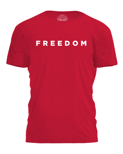 Red t-shirt with 'FREEDOM' printed on it against a white background