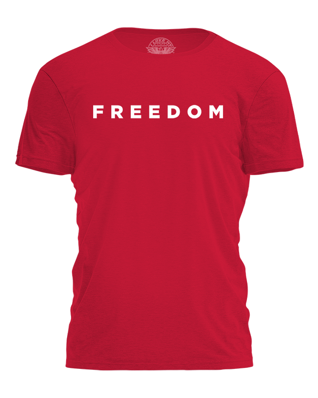 Red t-shirt with 'FREEDOM' printed on it against a white background