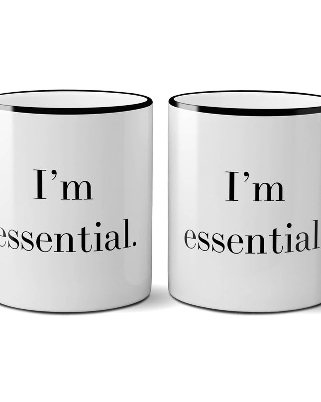 Two white mugs with black handles and text on a white background