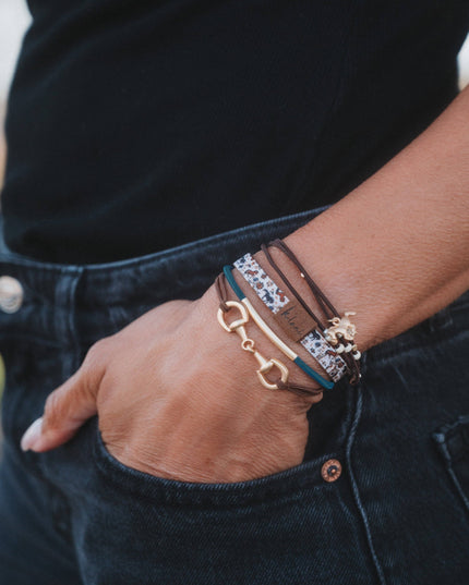 "Gallop" Horse & Bridle Equestrian Accents in Rich Brown & Blue Hair Tie Bracelets