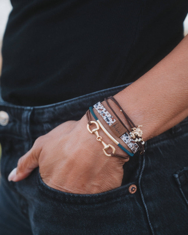 "Gallop" Horse & Bridle Equestrian Accents in Rich Brown & Blue Hair Tie Bracelets