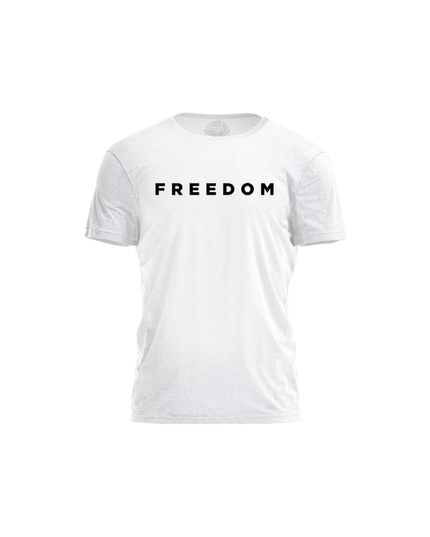 White t-shirt with 'FREEDOM' printed on a white background