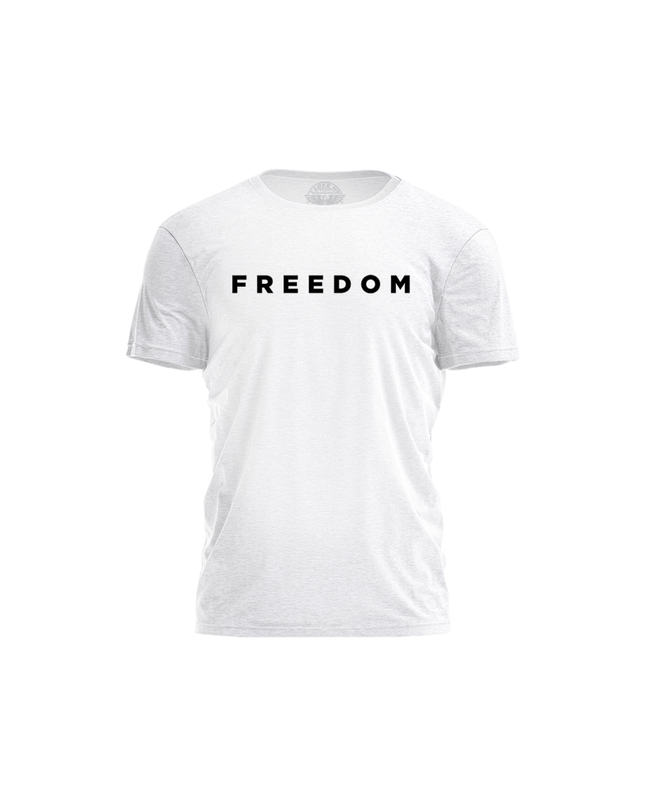 White t-shirt with 'FREEDOM' printed on a white background