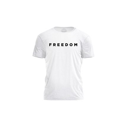 White t-shirt with 'FREEDOM' printed on a white background