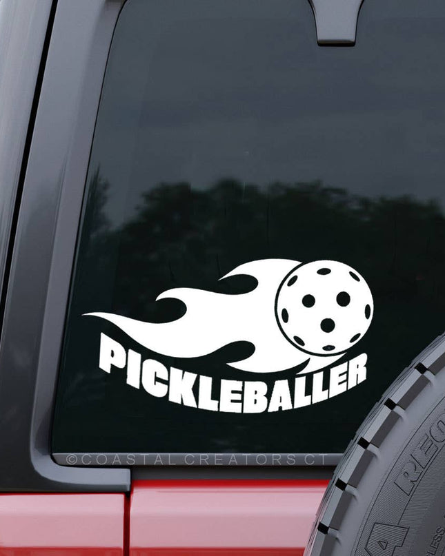 Pickleballer with Flame Car Window Decal (White, Packaged)