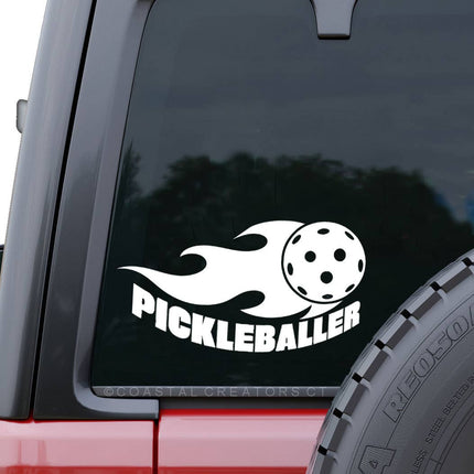 Pickleballer with Flame Car Window Decal (White, Packaged)